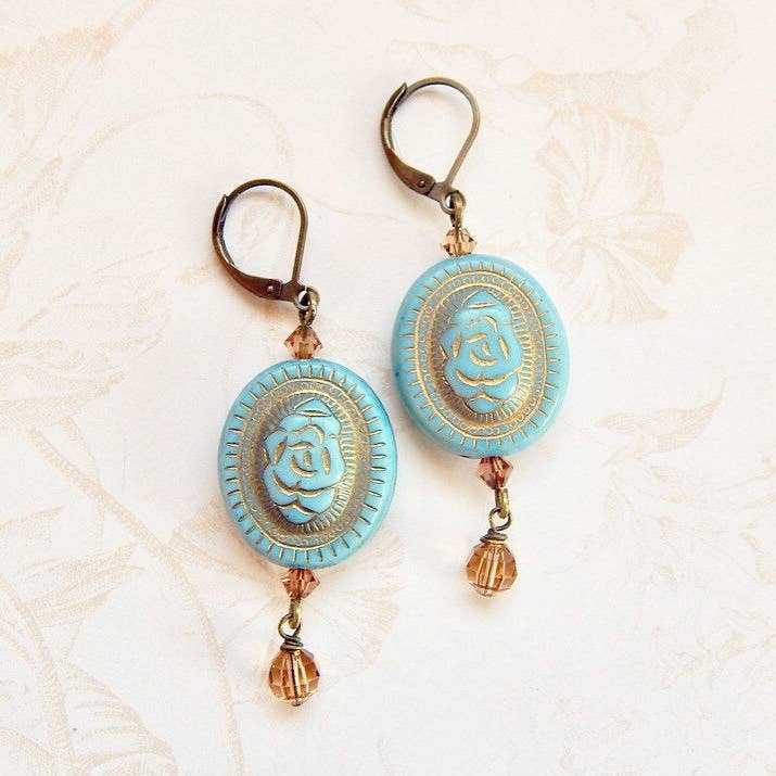 Rose Earrings - Blue Rose Drop Earrings - Swarovski Crystal for wholesale by The green antique trunk