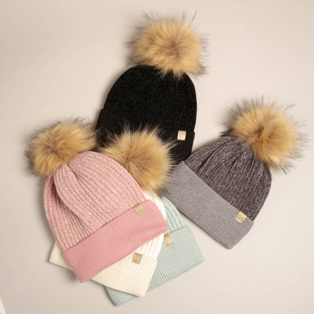 Fashion City - Wholesale Beanie - Women's - Winter Solid Chenille Cuff Beanie with Pom Pom11