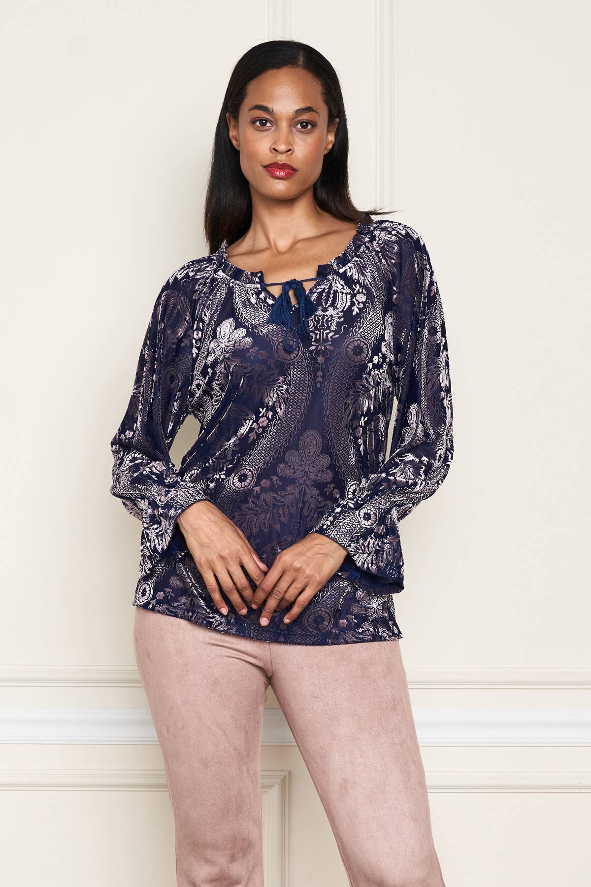 Blue Gray 5530-MAT Burnout Velvet Knit Peasant Top for wholesale on Faire1