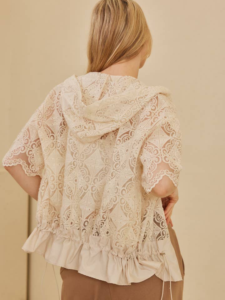 Ivory Zip Up Laced Short Sleeve Top with Hoodie for wholesale on Faire