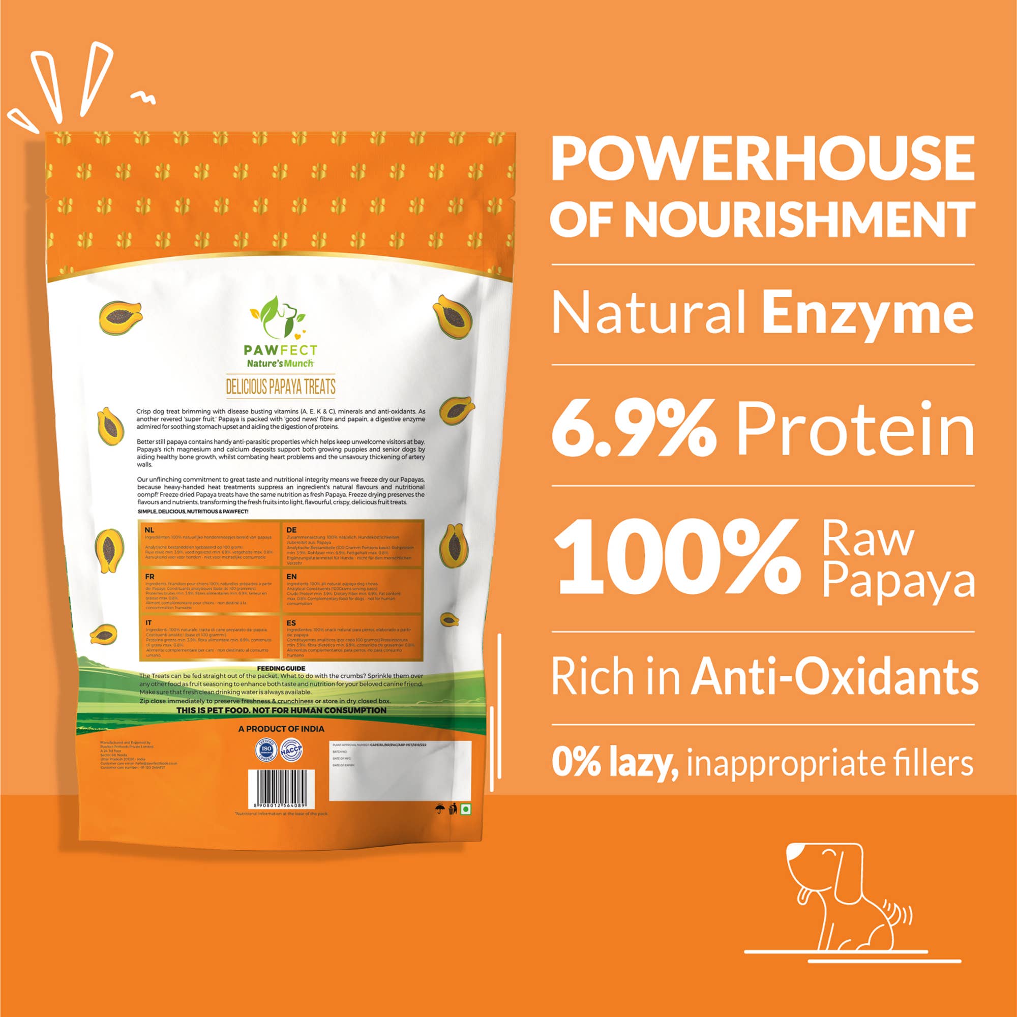 Pawfect Foods – wholesale Godis - Hund – Pawfect Nature's Munch frystorkade papayagodbitar för hundar | Veganska | Förebygger hjärtproblem | 100 % naturliga | Spannmåls- och glutenfria | Lågkaloriträningsgodis (25 g)1