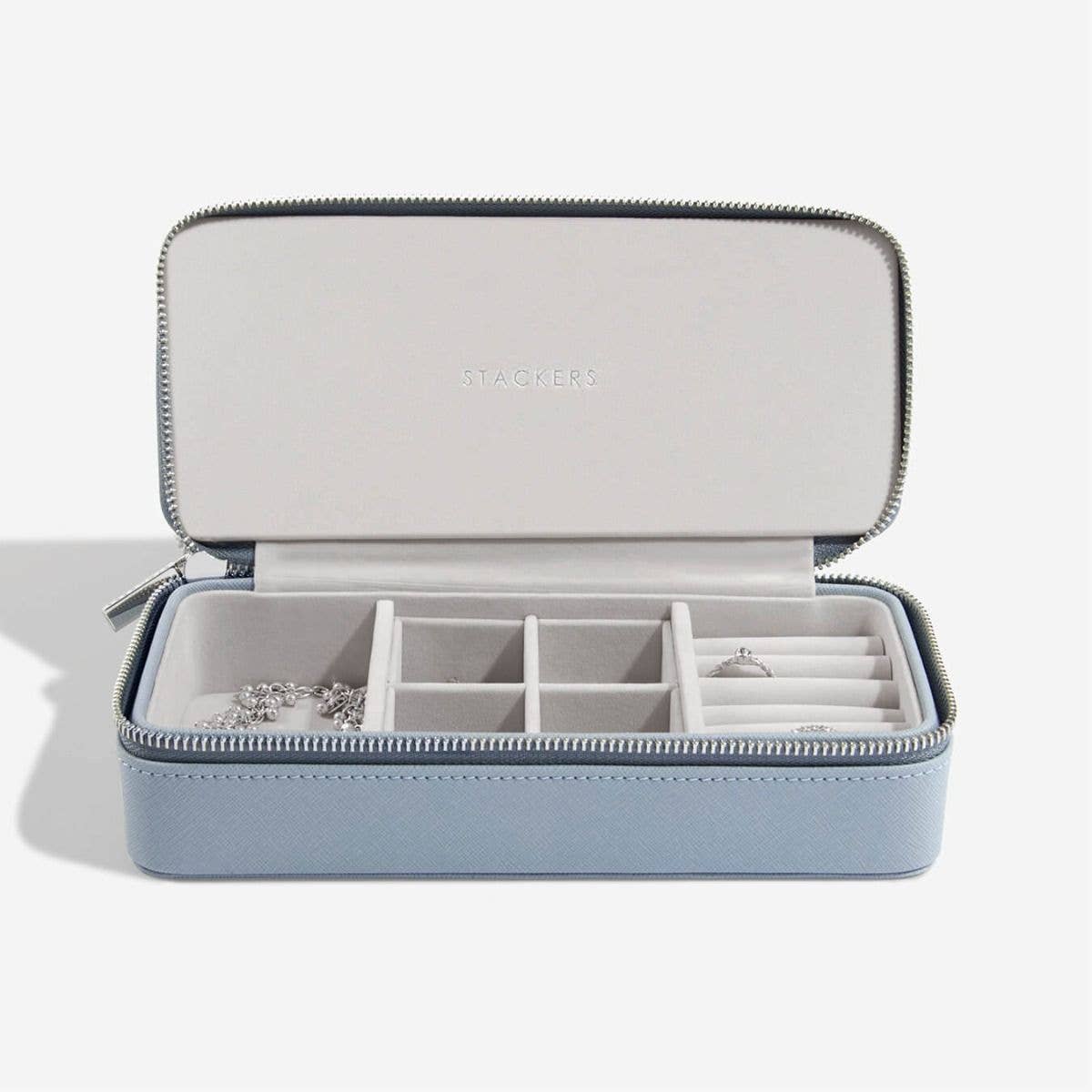 Stackers – wholesale Jewellery box/organiser – Dusky Blue Large Zipped Travel Jewellery Box3