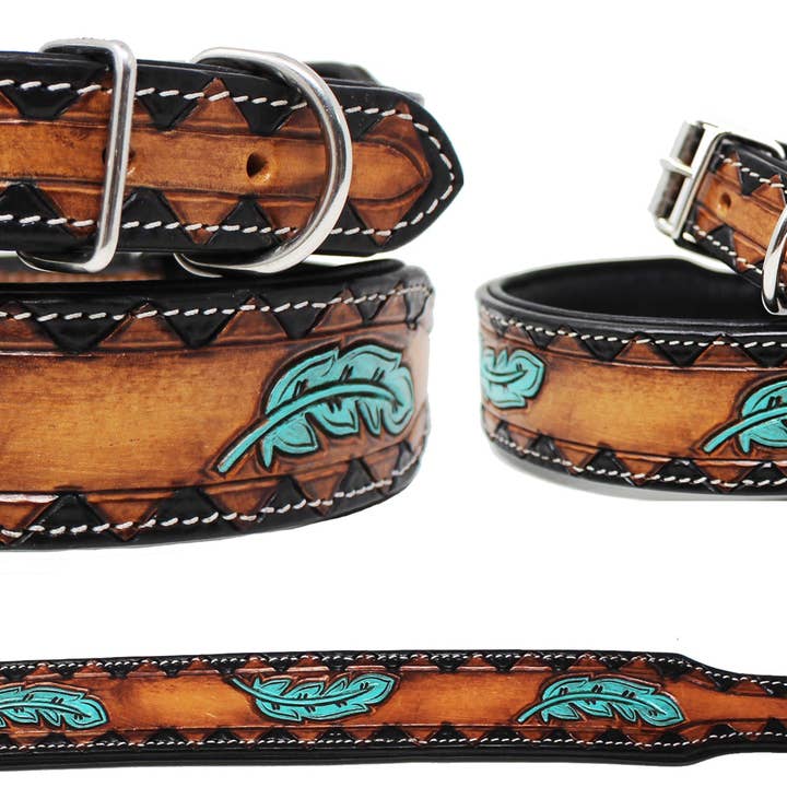 Brown Turquoise Handmade Cow Leather Heavy Duty Padded Dog Collar for wholesale on Faire