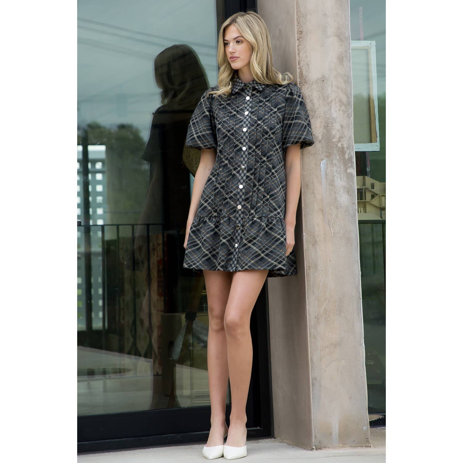 BLACK Puff Sleeve Plaid Suede Dress for wholesale on Faire9