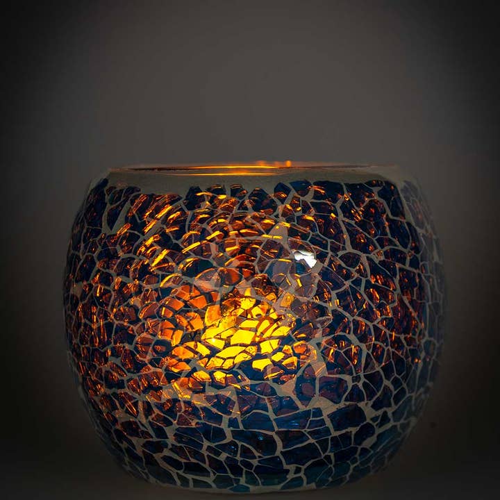 Kheops International - Venta al por mayor Candelabros - Soporte votivo de mosaico de vidrio redondo con luz LED en T - azul1