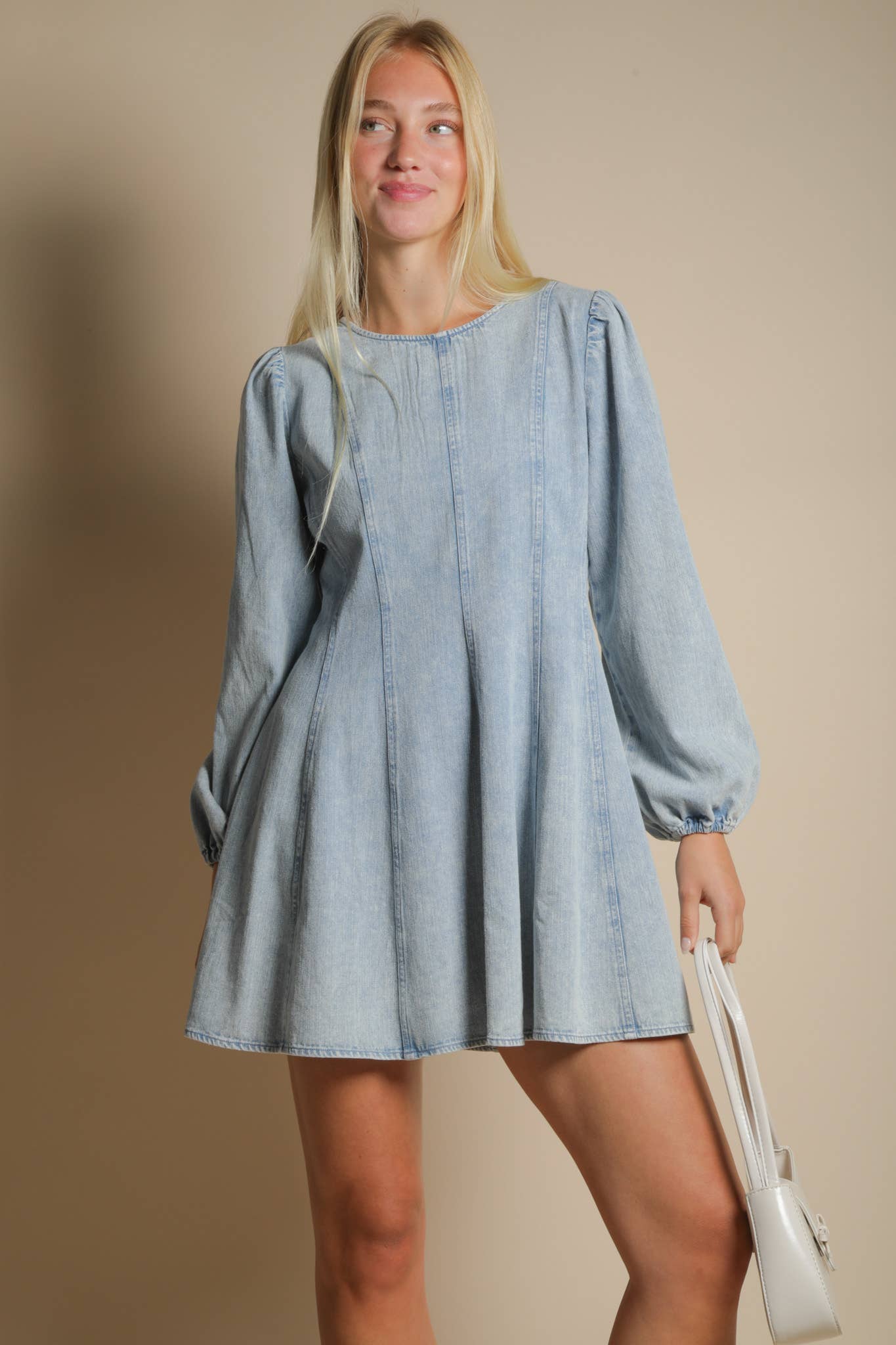 VERY J - Wholesale Dress - Women's - ND31817-Mineral Washed Denim Seam Detail Mini Dress6
