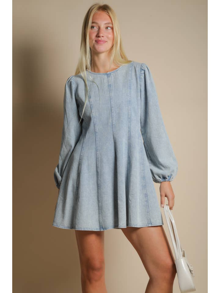 VERY J - Wholesale Dress - Women's - ND31817-Mineral Washed Denim Seam Detail Mini Dress6