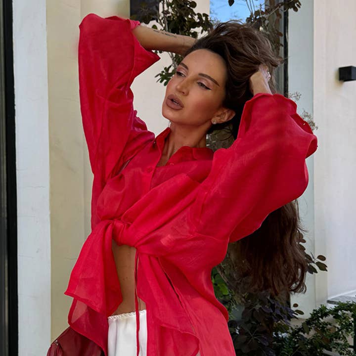 Flowy Tie-Front Top with Billowing Sleeves and other Purchase Wholesale front tie blouse. Free Returns & Net 60 Terms on Faire trending on Faire.