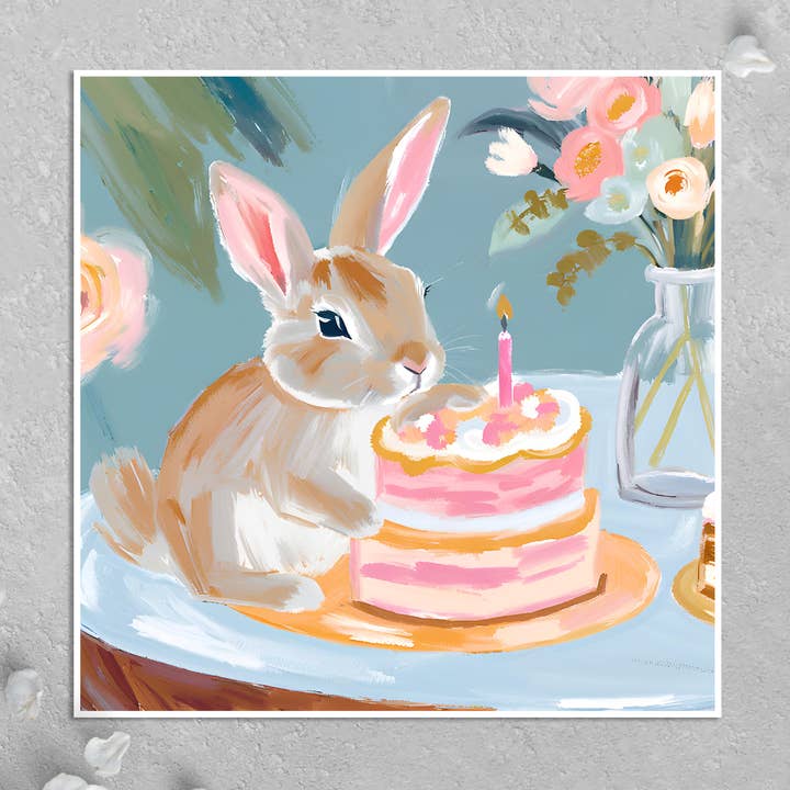 Carte d'anniversaire : Bunny Celebration avec gâteau et fleurs pour la vente par KalooMoon Art