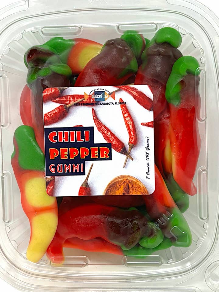 Chili Pepper Filled Gummy 7oz Tub for wholesale by Dulcefina Chocolate and Sweets