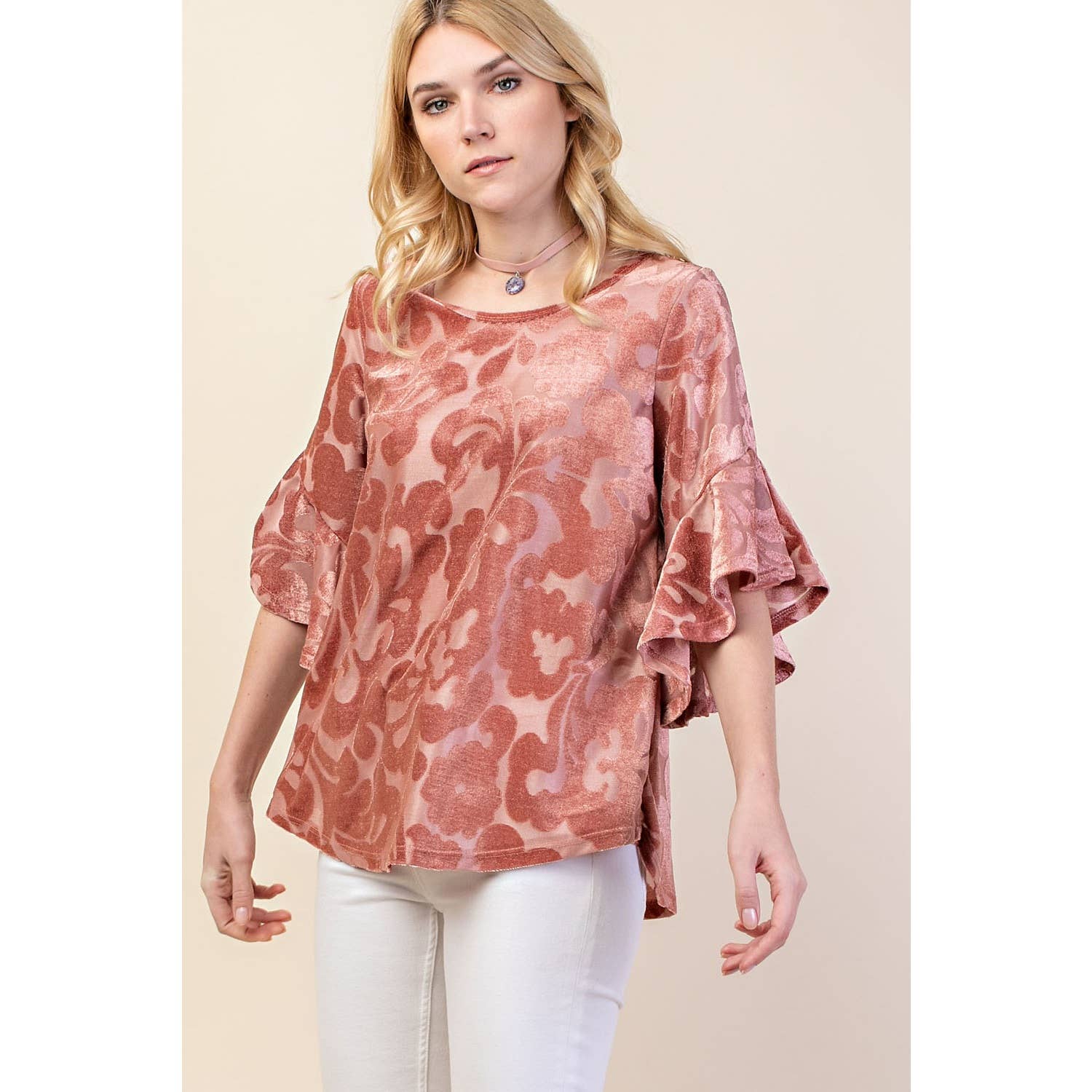 VOCAL - Wholesale Blouse - Women's - VELVET RUFFLE SLEEVE KNIT TOP19