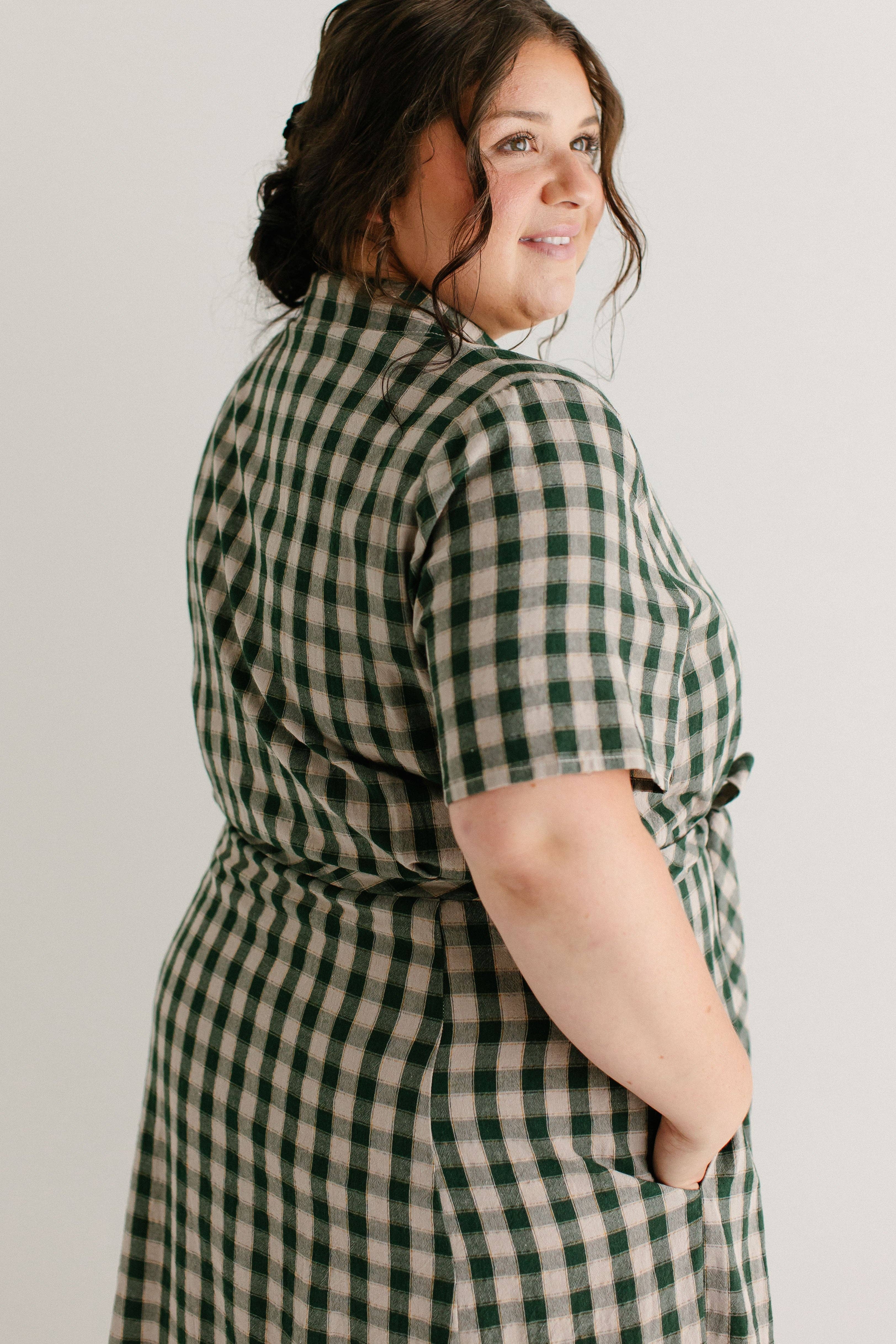 Light Tan 'Mae' Green Gingham A-Line Cotton Shirtdress FINAL SALE for wholesale on Faire14