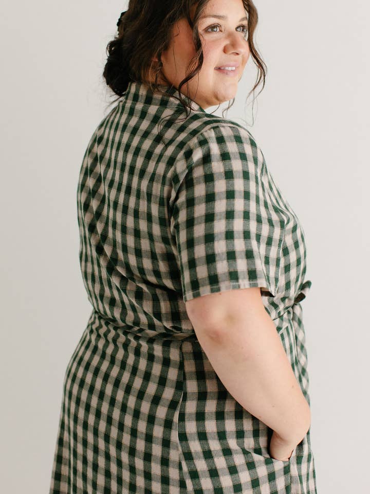 Light Tan 'Mae' Green Gingham A-Line Cotton Shirtdress FINAL SALE for wholesale on Faire14
