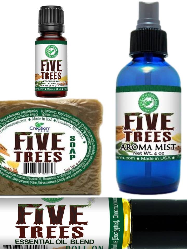 Confezione da 8 pezzi di aromaterapia Five Trees: due di ciascun aroma, vaporizzatori, saponi, miscele da 15 ml e roll-on da 10 ml per preparazione d'emergenza. per la vendita all'ingrosso da parte di Creation Farm Inc