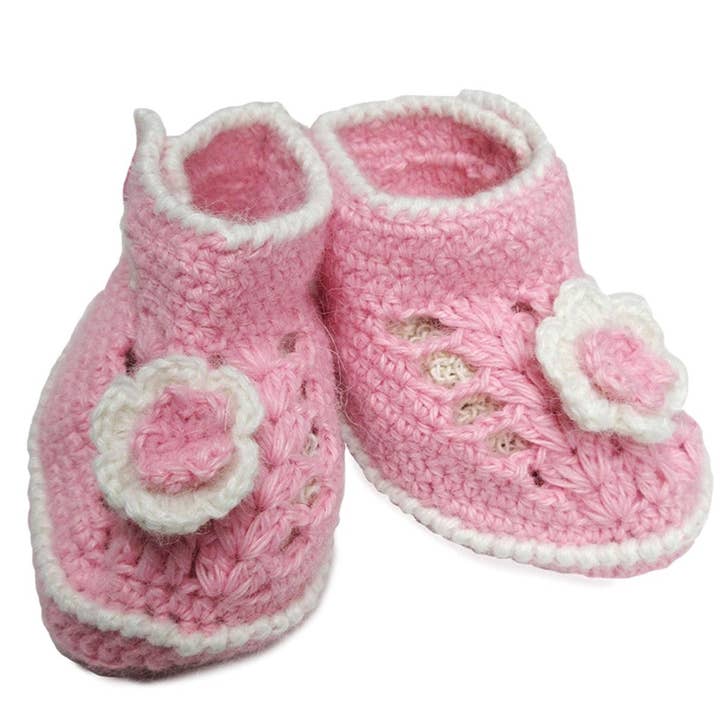 Alpaca Baby Booties - Hand Knitted Shoe Design Baby Booties Pink with Flowers for wholesale by My Comfy Apparel
