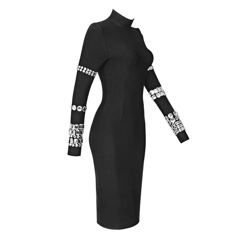 Black DR048 Studded Long Sleeve High Neck Bandage Knit Dress for wholesale on Faire14