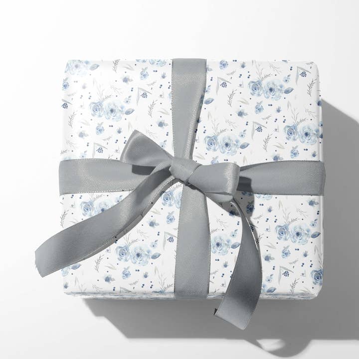 Elegant Blue Florals- Luxurious Watercolor Gift Wrap for wholesale by mad paperie
