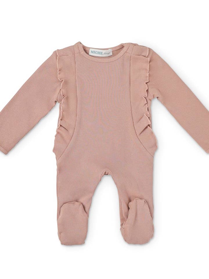 Dusty Rose Ruffle Footie for wholesale by Niche bebe