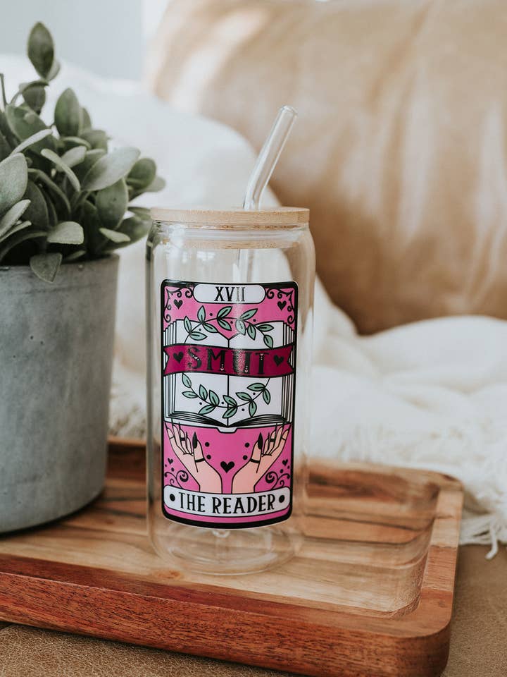 The Reader Tarot Card Glass Can w/ Straw for wholesale by The Bookish Bird Co.