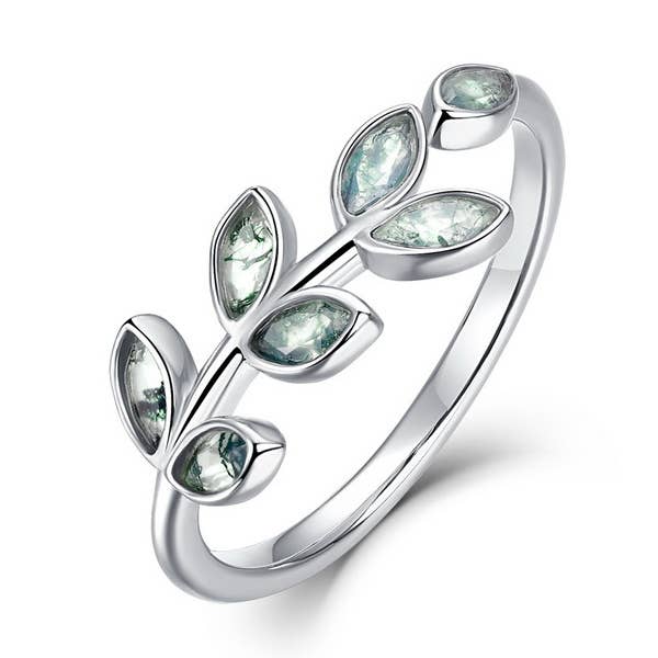 925 Sterling Silver Leaf Design Water Grass Agate Ring for wholesale by Gioiellin - S925 Silver Jewelry
