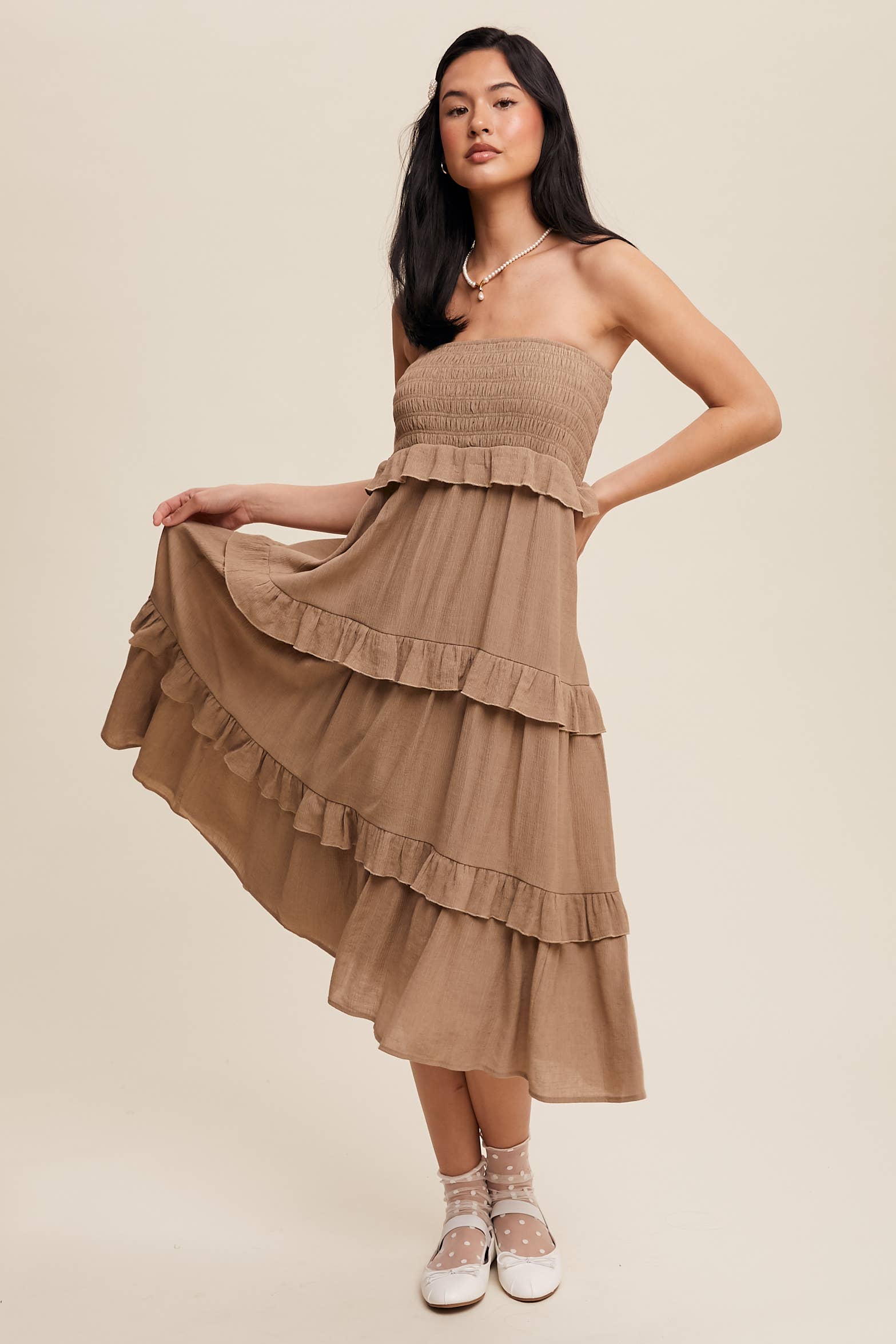 Listicle - Wholesale Skirt - Women's - 2-Way Smocked Ruffle Tiered Midi Dress or Skirt8