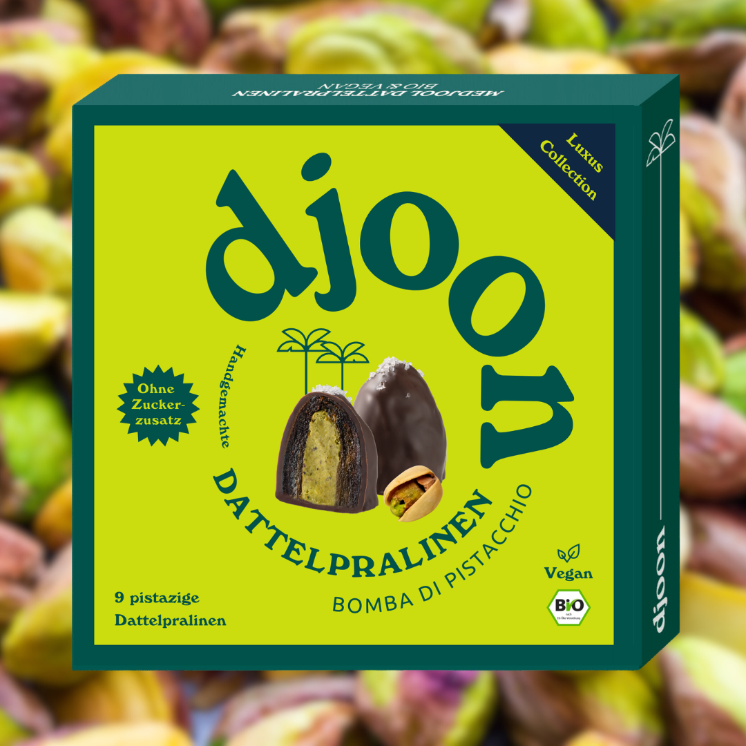 djoon – Doces cobertos de chocolate por atacado – Chocolate de tâmaras: Bomba di Pistacchio (orgânico)5