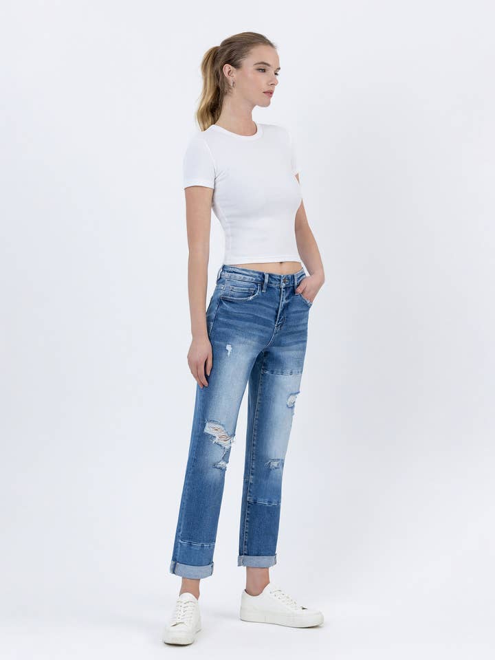 DILIGENT HIGH RISE COLOR BLOCK CUFFED BOYFRIEND JEANS F4612 for wholesale on Faire