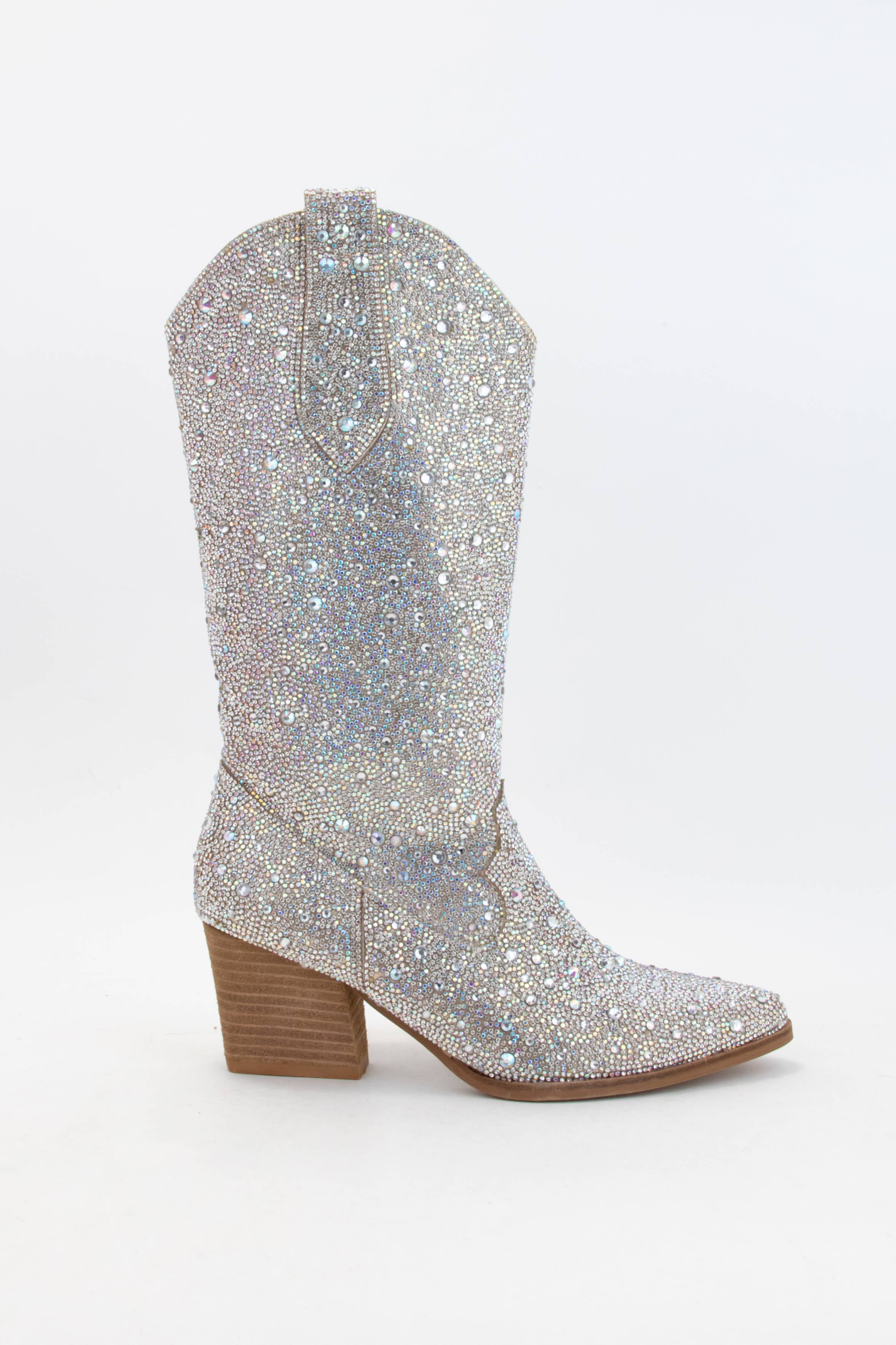 CCOCCI - Vente Bottes de cowboy – femme - Bottes western mi-mollet glamour ornées de strass étincelants1