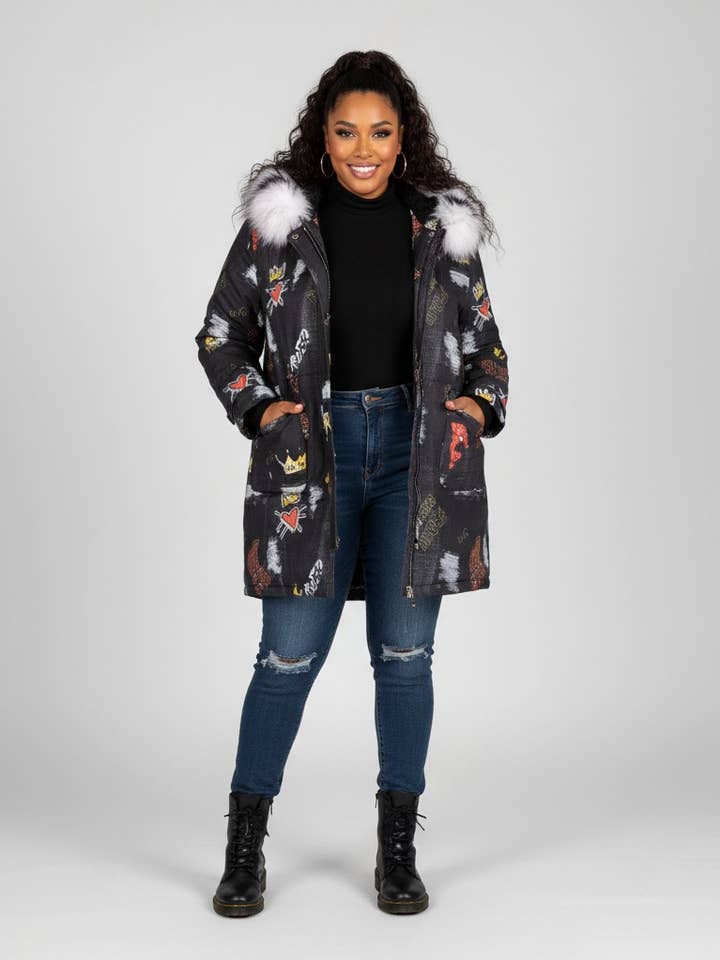 Parka de talla grande estampada con piel sintética (C6233) para venta al por mayor de Pomme Rouge Paris