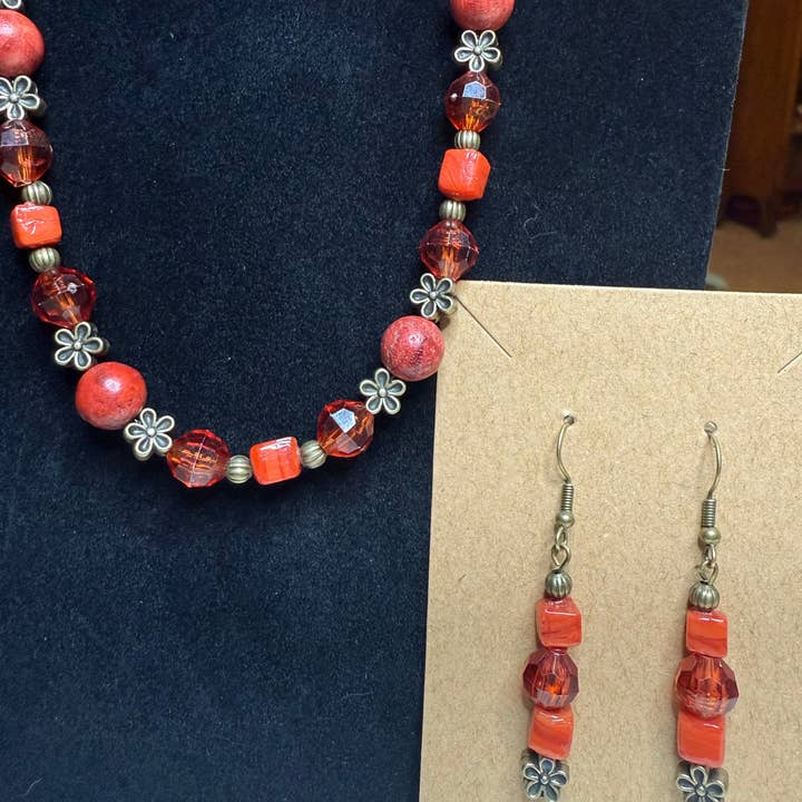 Earthy Orange Beaded Necklace and Earrings for wholesale by Reclaimed by Monica
