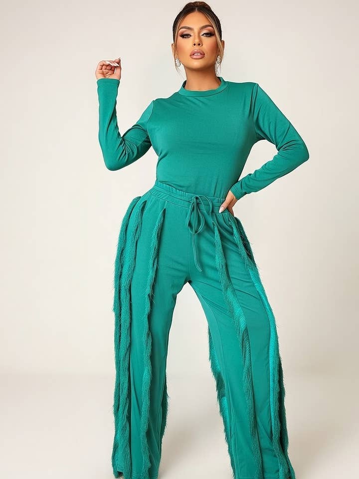 MB FASHION Long-Sleeve Fringe Top and Pants Set 223LY for wholesale by MB Fashion Wholesale