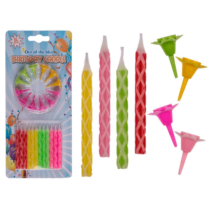 24 birthday candles, with 12 cake holder, for wholesale by Out of the blue KG