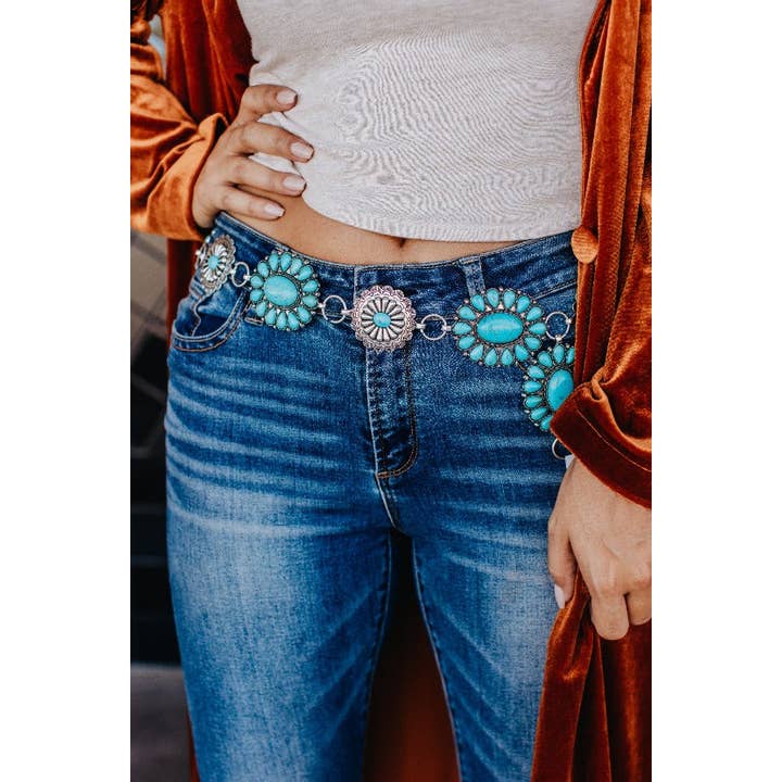 Kinda Ranchy Floral Turquoise Concho Link Belt for wholesale on Faire