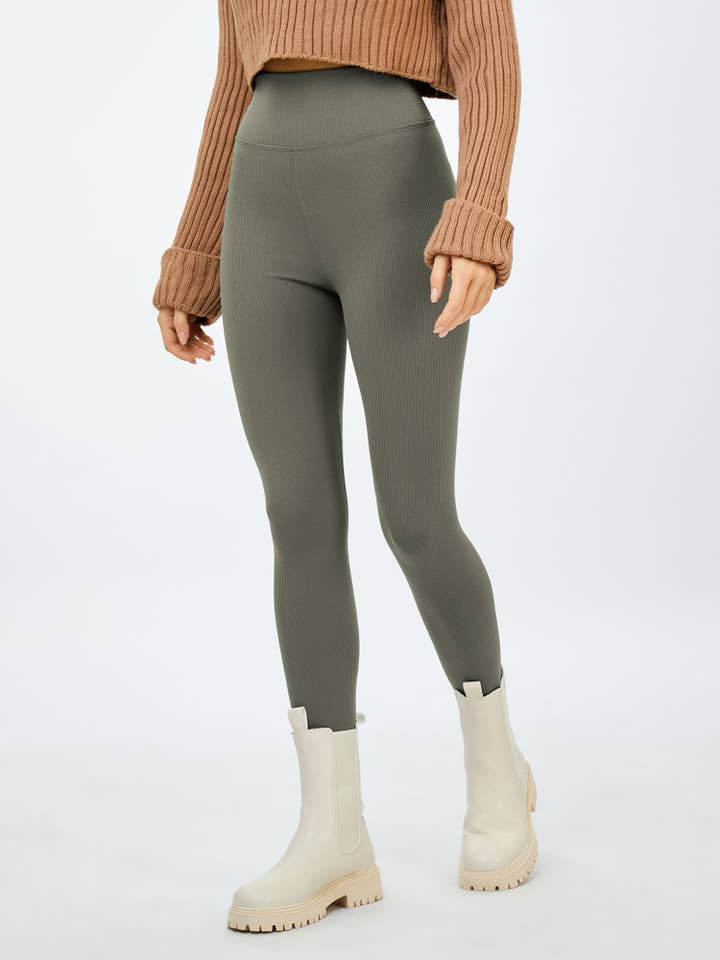 Lookus - Wholesale Fashion Leggings - Women's - Irem Fleece Lined Ribbed Leggings Olive