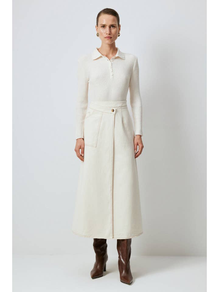 Cream DOUBLE BREASTED NATURAL DENIM SKIRT - A LINE, HIGH WAIS for wholesale on Faire
