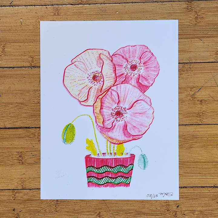 Pink Poppies Limited Risograph Print by Maxx FG for wholesale by Push/Pull Press