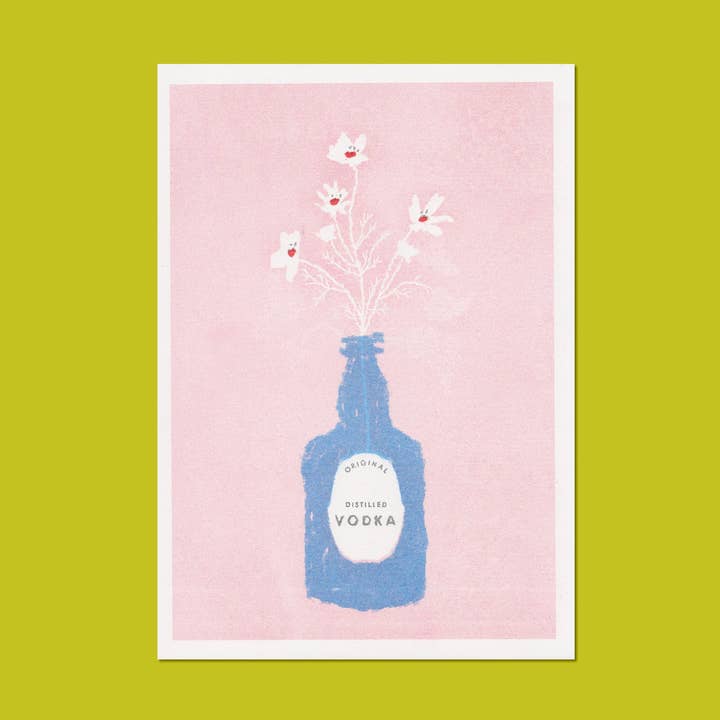 Blue Vodka Bottle Floral Bouquet Risograph A4 Print for wholesale by Emma Make
