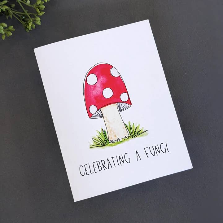 Celebrating A Fungi Pun Card for wholesale by Meg Huff Photography & Art
