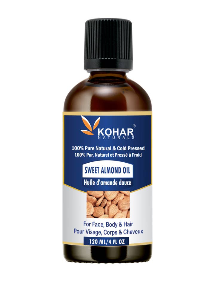 Ren naturlig koldpresset sød mandelolie. 120 ml for engroshandel hos KOHAR NATURALS