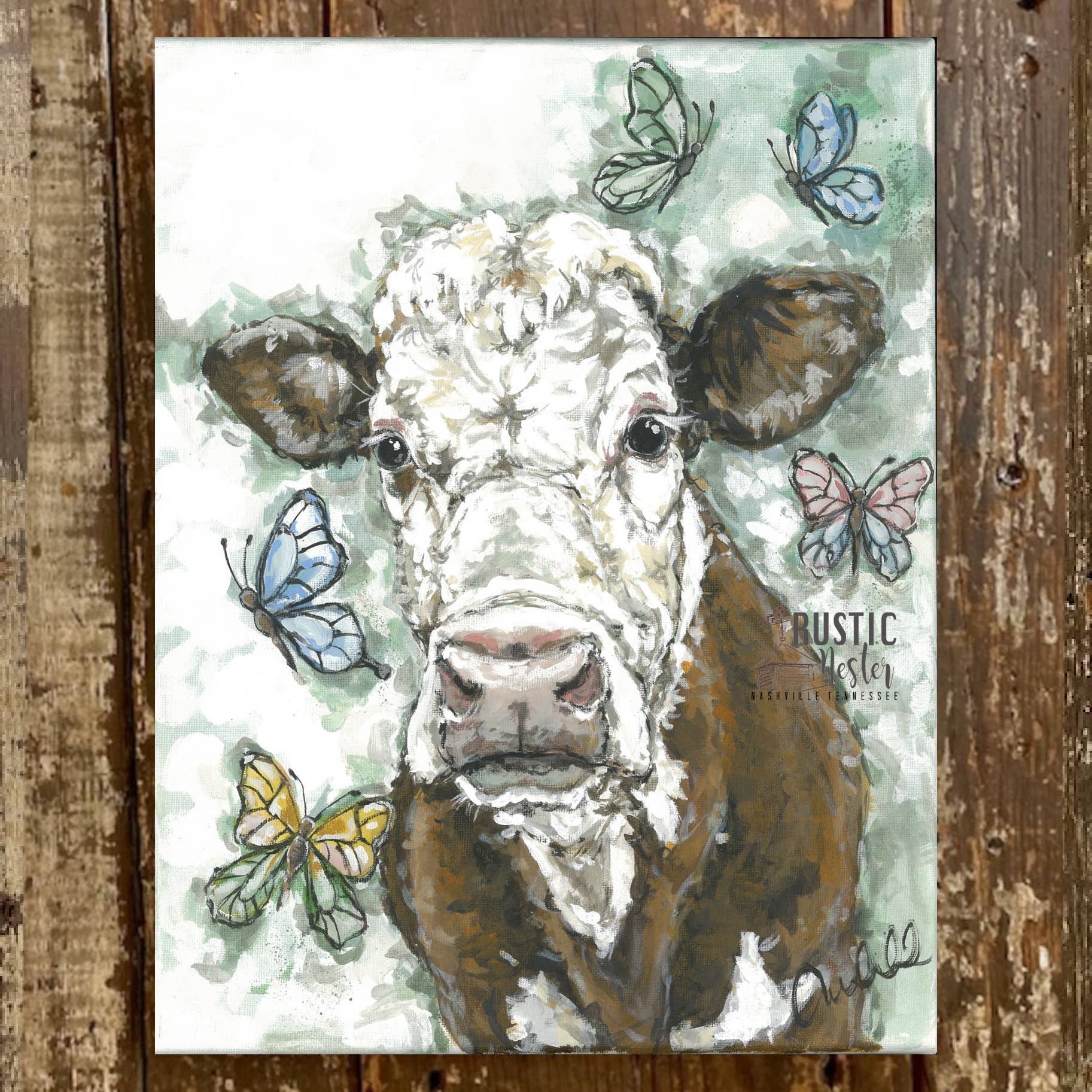 Rustic Nester - Vente Affiche d'art - Peinture sur toile de vache, impressions de papillons, art de salon0