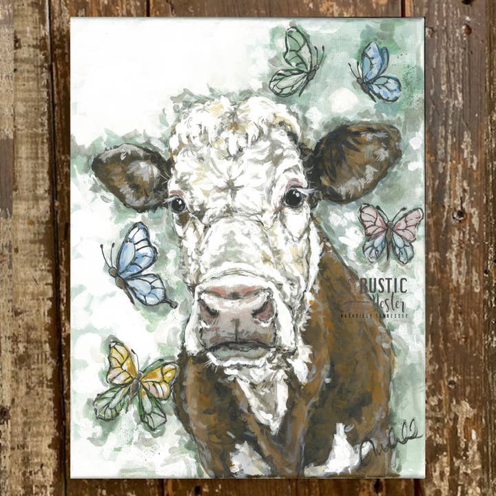 Rustic Nester - Vente Affiche d'art - Peinture sur toile de vache, impressions de papillons, art de salon