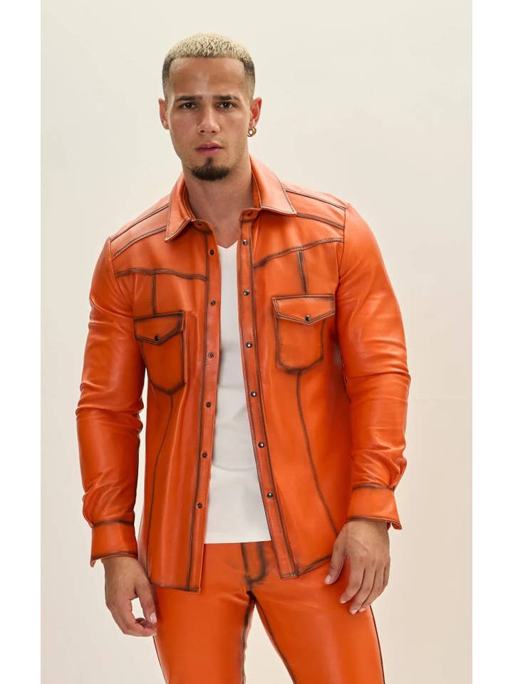 TEINTE ORANGE Chemise pour homme en cuir d'agneau véritable teintée orange en vente sur Faire3