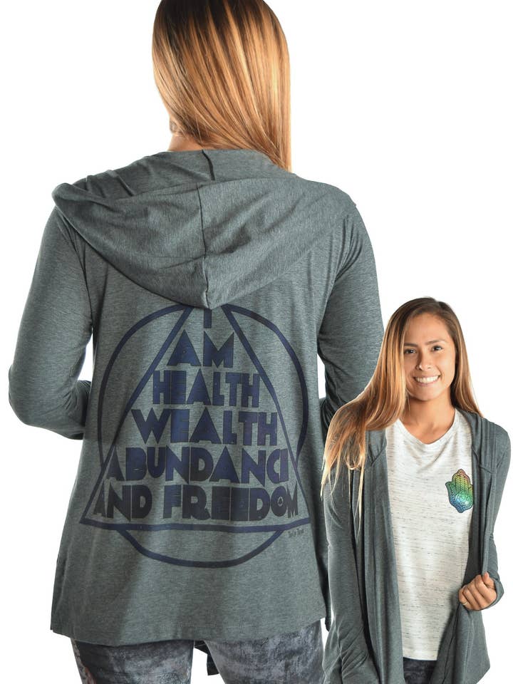 Öko-grauer Wickelhoodie mit Ich bin Gesundheit Reichtum und Fülle für den Großhandel von Third Eye Threads