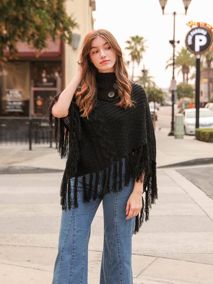 Leto Accessories - Wholesale Poncho - Women's - Turtleneck Cable Knit Poncho With Tassels7