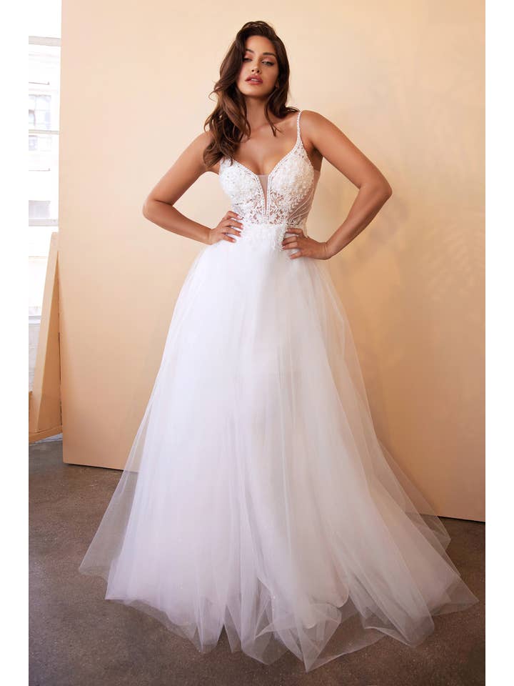Off White Layered Tulle A-line Bridal Gown with Embellished Lace for wholesale on Faire