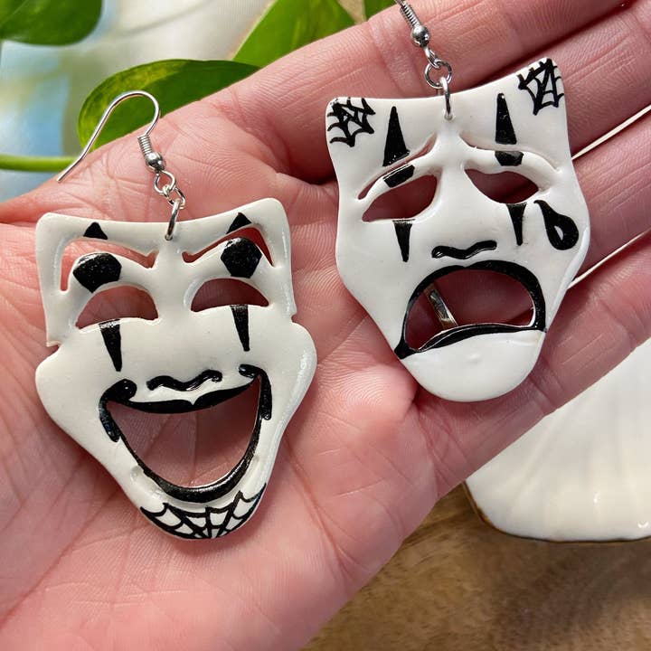 Desert Muse Studios - Wholesale Dangle Earrings - Tattoo Earrings- Smile now cry later masquerade theater mask earrings, polymer clay novelty counter culture payaso comedy tragedy