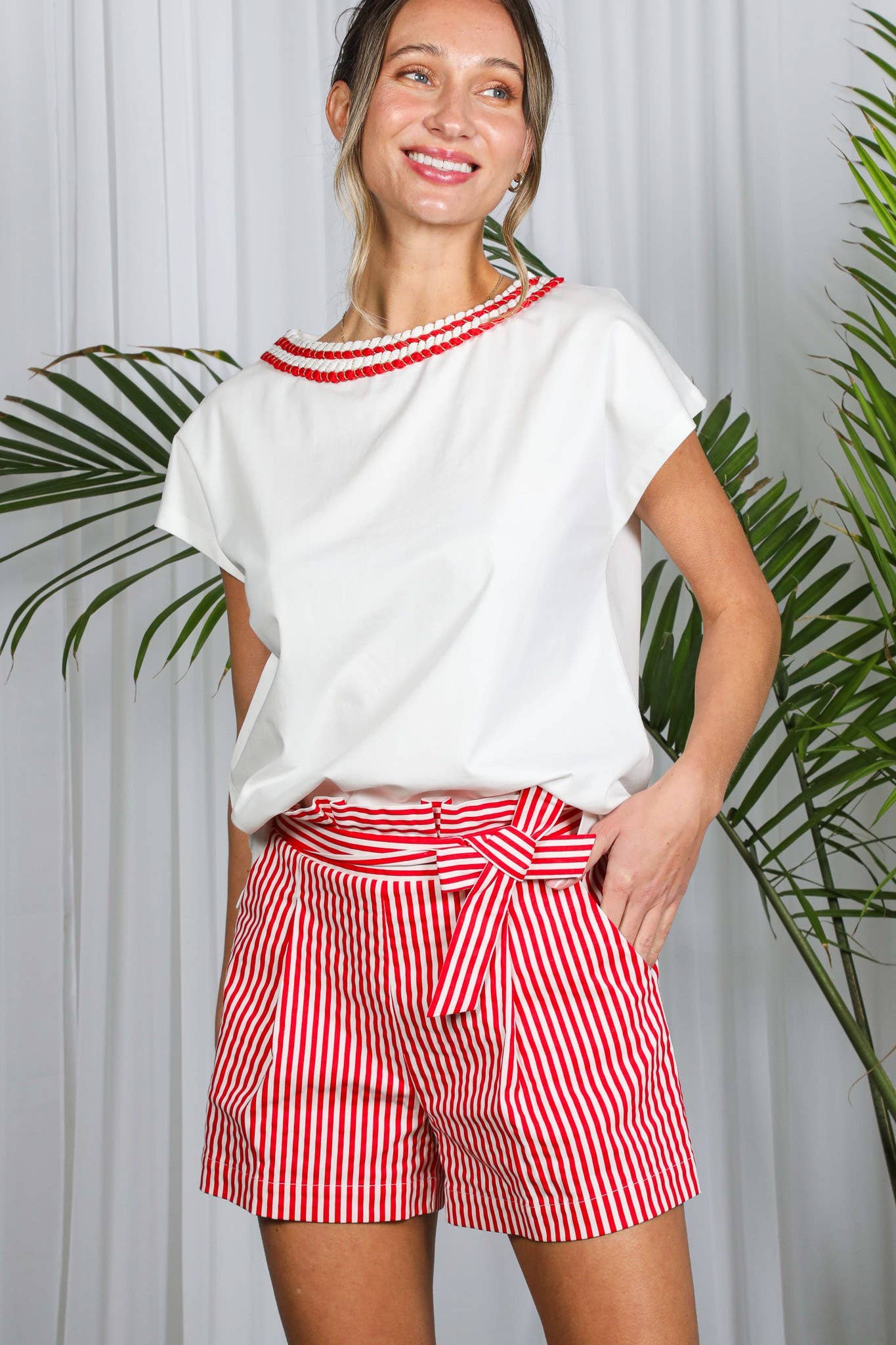 Vine & Love – wholesale Knit top – Women's – Braid Trim Round Neck Cotton Knit Top VT823945