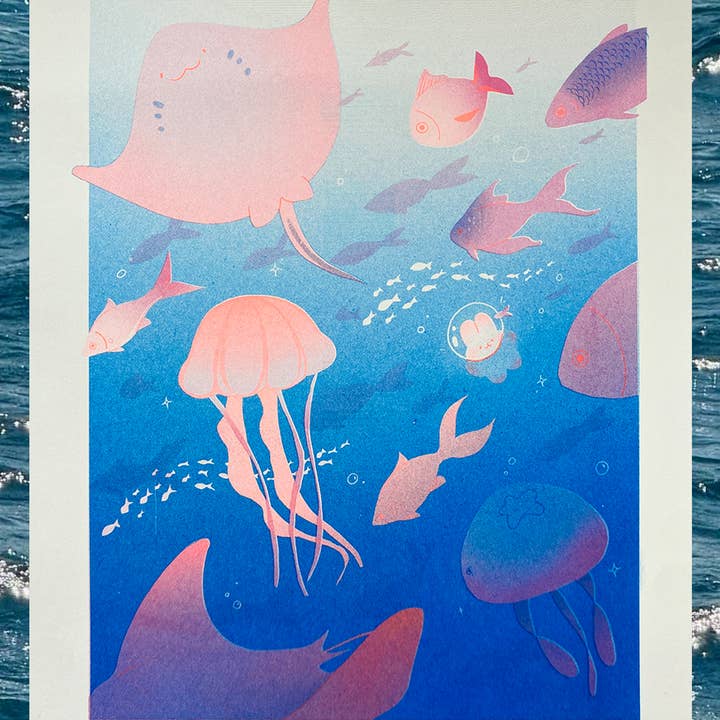 Ocean explorer risograph print for wholesale by vickyisdrawing