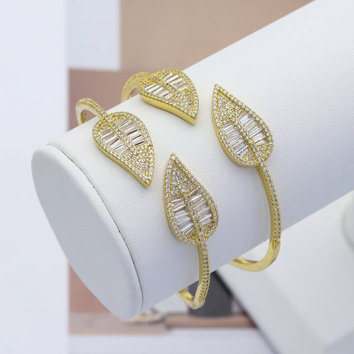 CZ Leaf Bangle Bracelet, Sku#LD279 for wholesale by BestBeads&Beyond