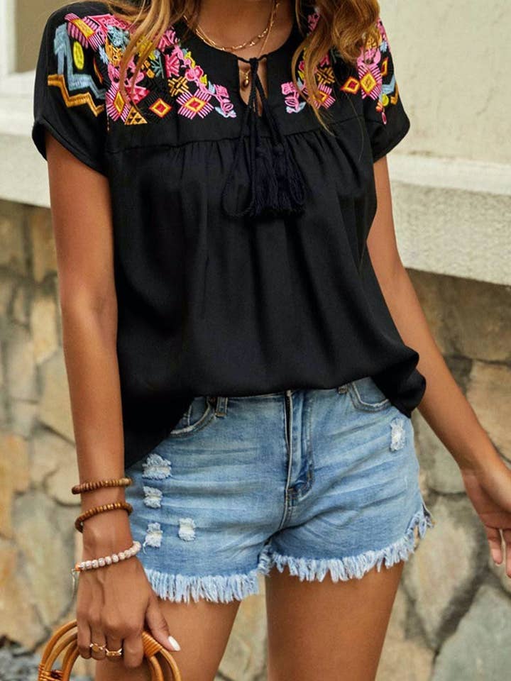 Secret Style Source - Wholesale Blouse - Women's - Embroidered Aztec Drawstring Top